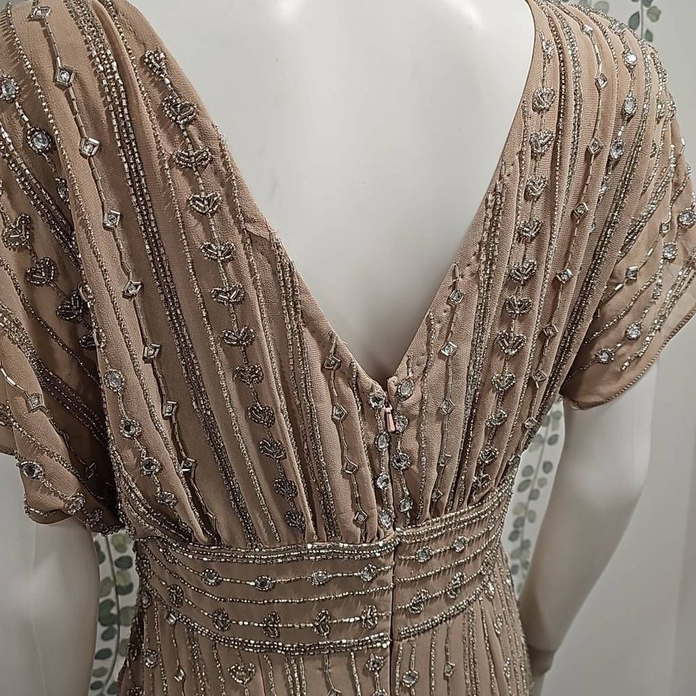 Mac Duggal Beaded Chiffon Short Sleeve Boat Neck Sheath Midi Dress Sz 6 - Picture 6 of 12